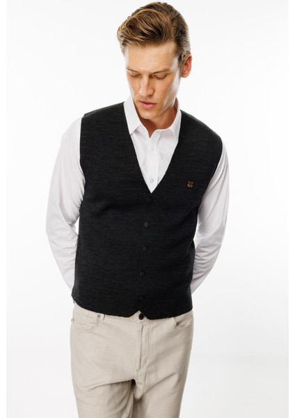 Erkek V Yaka Düz Yün Yelek Antrasit fırsatları