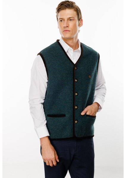 Erkek V Yaka Astarı Desenli Yün Yelek Yeşil fiyatları