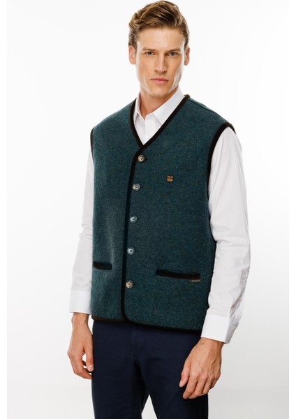 Erkek V Yaka Astarı Desenli Yün Yelek Yeşil modelleri