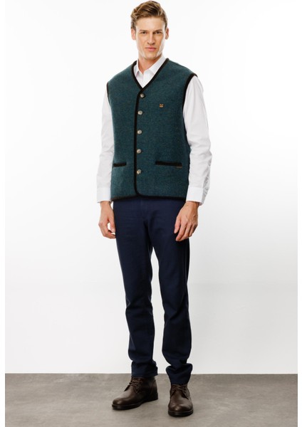 Erkek V Yaka Astarı Desenli Yün Yelek Yeşil fırsatları