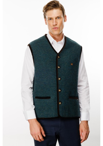 Erkek V Yaka Astarı Desenli Yün Yelek Yeşil indirimleri