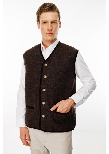 Erkek V Yaka Astarı Desenli Yün Yelek Kahve