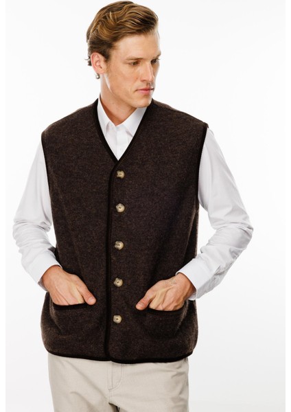 Erkek V Yaka Astarı Desenli Yün Yelek Kahve fiyatları