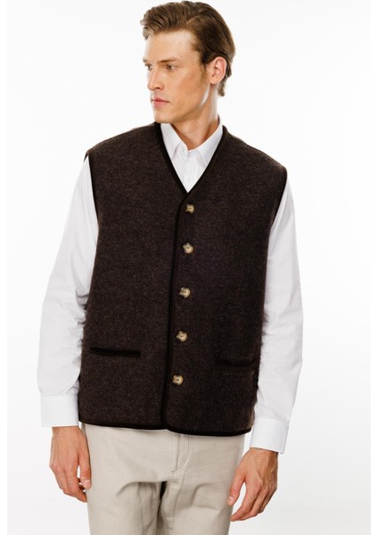 Erkek V Yaka Astarı Desenli Yün Yelek Kahve fırsatları