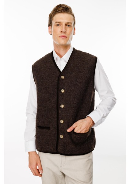 Erkek V Yaka Astarı Desenli Yün Yelek Kahve indirimleri