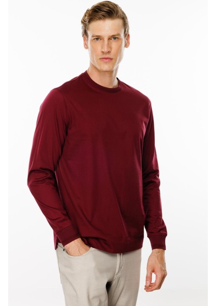 Erkek Sıfır Yaka Basic Uzun Kollu Pamuklu T-Shirt Bordo