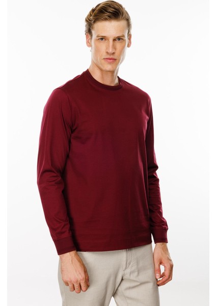 Erkek Sıfır Yaka Basic Uzun Kollu Pamuklu T-Shirt Bordo