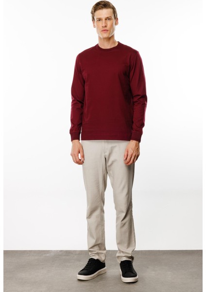 Erkek Sıfır Yaka Basic Uzun Kollu Pamuklu T-Shirt Bordo