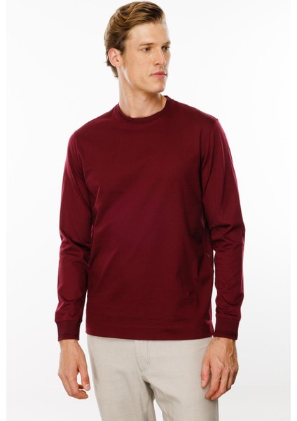 Erkek Sıfır Yaka Basic Uzun Kollu Pamuklu T-Shirt Bordo