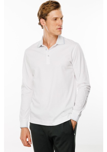 Erkek Polo Yaka Uzun Kollu Sweatshirt Beyaz