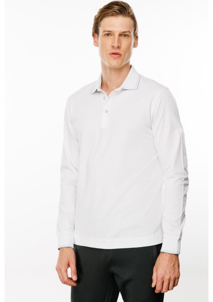 Erkek Polo Yaka Uzun Kollu Sweatshirt Beyaz