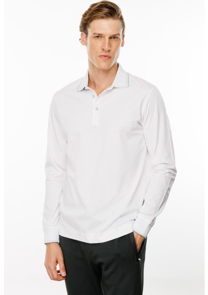 Erkek Polo Yaka Uzun Kollu Sweatshirt Beyaz
