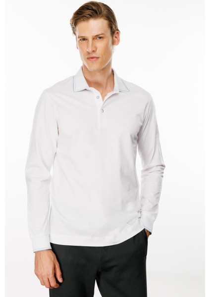 Erkek Polo Yaka Uzun Kollu Sweatshirt Beyaz
