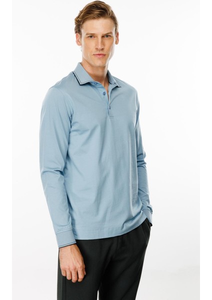 Erkek Polo Yaka Uzun Kollu Sweatshirt Mavi