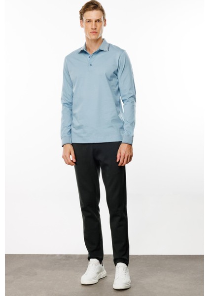 Erkek Polo Yaka Uzun Kollu Sweatshirt Mavi