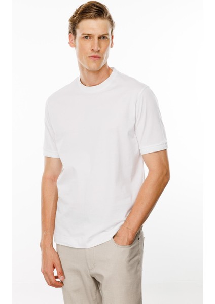 Erkek Sıfır Yaka Basic Pamuklu T-Shirt Beyaz