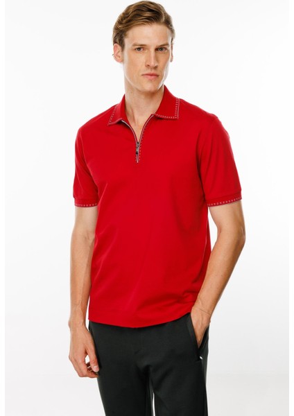 Erkek Polo Yaka Yakası Fermuarlı T-Shirt Kırmızı