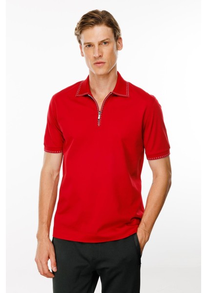 Erkek Polo Yaka Yakası Fermuarlı T-Shirt Kırmızı modelleri