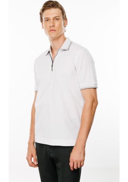 Erkek Polo Yaka Yakası Fermuarlı T-Shirt Beyaz fiyatları
