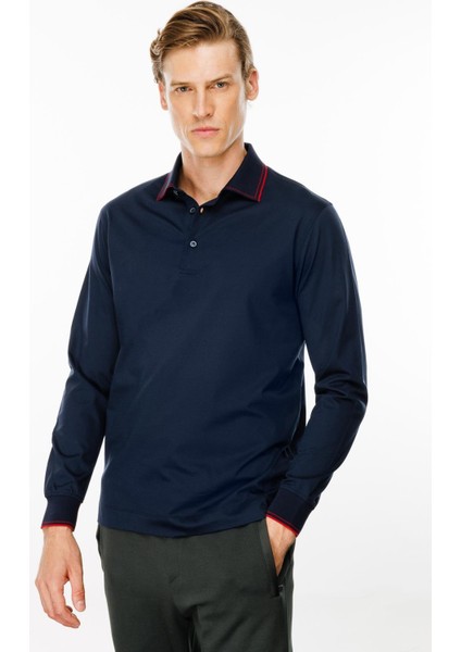 Erkek Polo Yaka Uzun Kollu Sweatshirt Lacivert