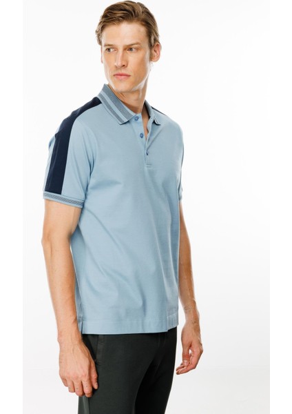 Erkek Polo Yaka Omuzu Şeritli T-Shirt Mavi