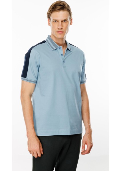 Erkek Polo Yaka Omuzu Şeritli T-Shirt Mavi modelleri