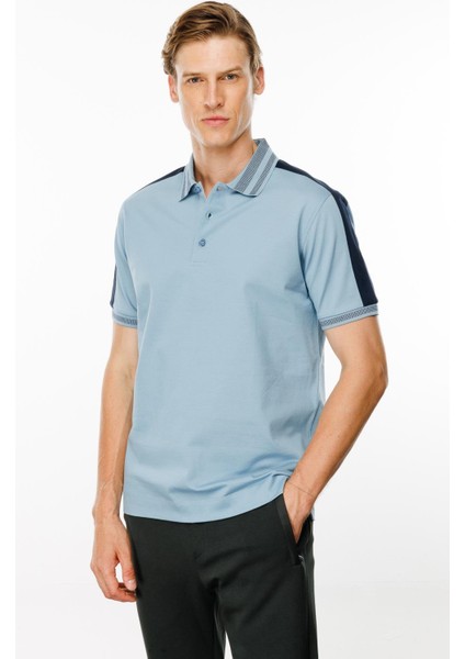 Erkek Polo Yaka Omuzu Şeritli T-Shirt Mavi fırsatları