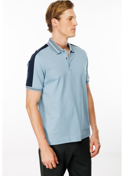 Erkek Polo Yaka Omuzu Şeritli T-Shirt Mavi indirimleri
