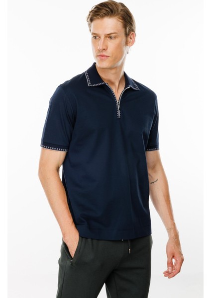 Erkek Polo Yaka Yakası Fermuarlı T-Shirt Lacivert