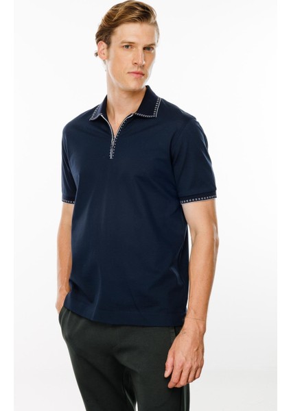 Erkek Polo Yaka Yakası Fermuarlı T-Shirt Lacivert