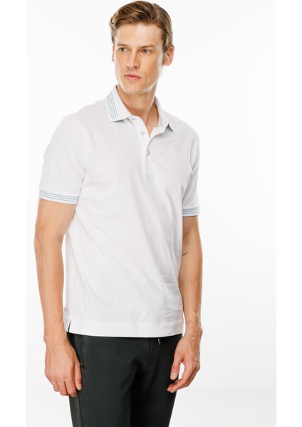 Erkek Polo Yaka Yakası Şerit Desenli T-Shirt Beyaz