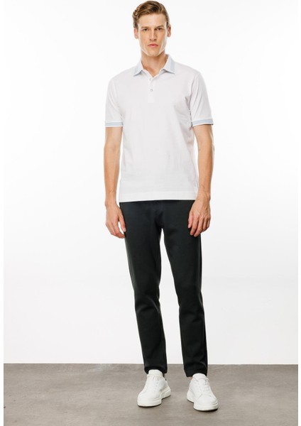 Erkek Polo Yaka Yakası Şerit Desenli T-Shirt Beyaz modelleri