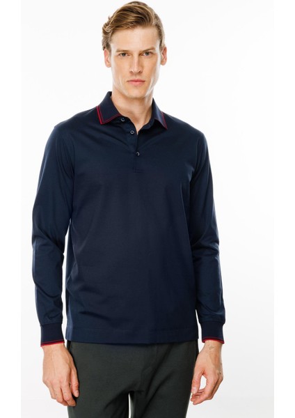 Erkek Polo Yaka Uzun Kollu Sweatshirt Lacivert