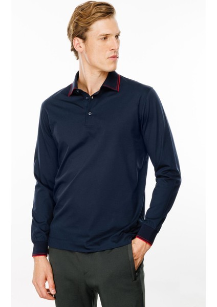 Erkek Polo Yaka Uzun Kollu Sweatshirt Lacivert