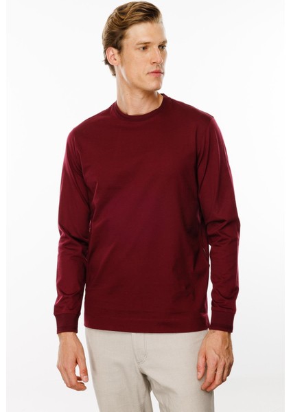 Erkek Sıfır Yaka Basic Uzun Kollu Pamuklu T-Shirt Bordo indirimleri