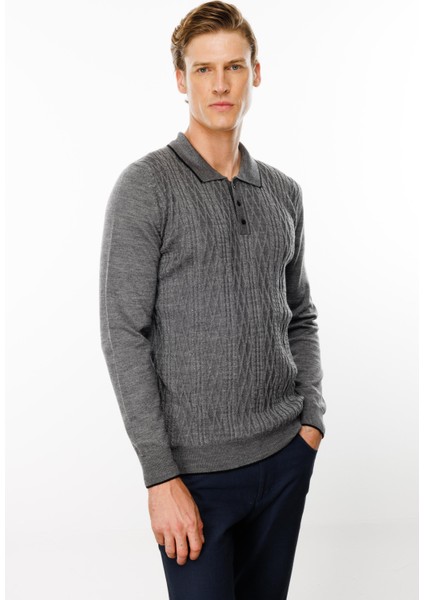 Erkek Polo Yaka Önü Baklava Örgü Kazak Füme