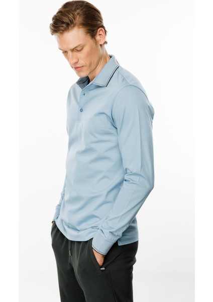 Erkek Polo Yaka Uzun Kollu Sweatshirt Mavi