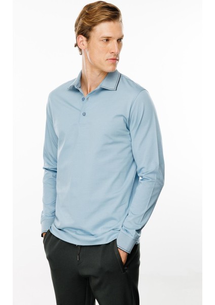 Erkek Polo Yaka Uzun Kollu Sweatshirt Mavi