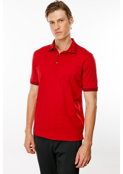 Erkek Polo Yaka Yakası Şerit Desenli T-Shirt Kırmızı