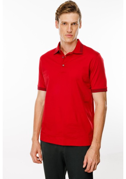 Erkek Polo Yaka Yakası Şerit Desenli T-Shirt Kırmızı fiyatları