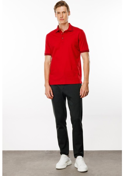 Erkek Polo Yaka Yakası Şerit Desenli T-Shirt Kırmızı modelleri