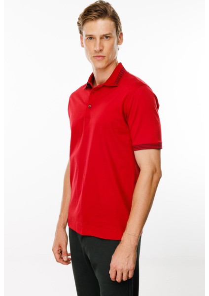 Erkek Polo Yaka Yakası Şerit Desenli T-Shirt Kırmızı fırsatları