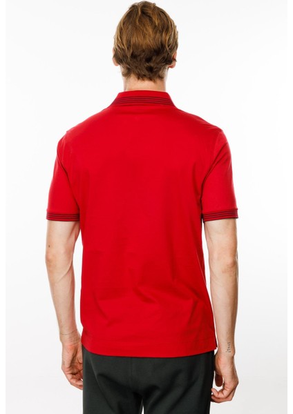 Erkek Polo Yaka Yakası Şerit Desenli T-Shirt Kırmızı indirimleri