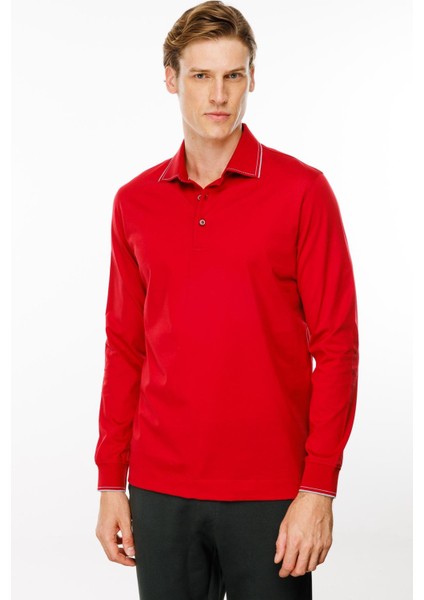 Erkek Polo Yaka Uzun Kollu Sweatshirt Kırmızı