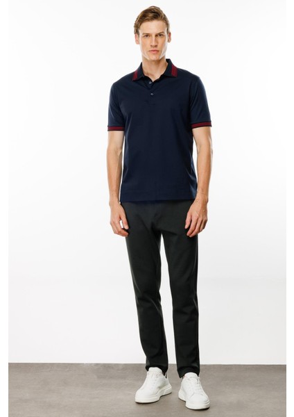 Erkek Polo Yaka Yakası Şerit Desenli T-Shirt Lacivert fiyatları