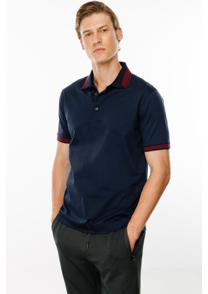 Erkek Polo Yaka Yakası Şerit Desenli T-Shirt Lacivert fırsatları