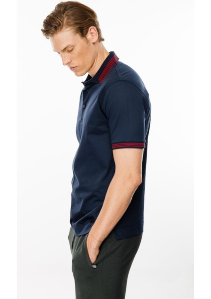Erkek Polo Yaka Yakası Şerit Desenli T-Shirt Lacivert indirimleri