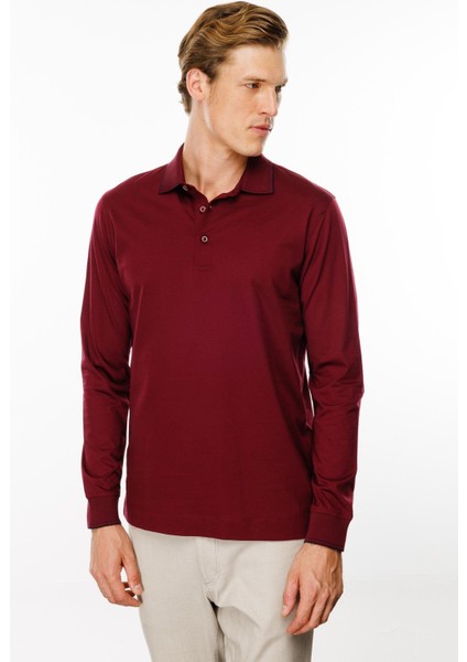 Erkek Polo Yaka Uzun Kollu Sweatshirt Bordo