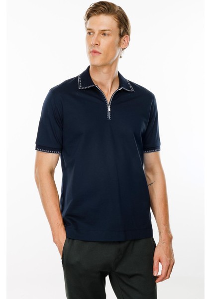 Erkek Polo Yaka Yakası Fermuarlı T-Shirt Lacivert fiyatları