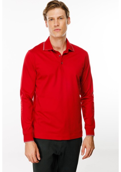 Erkek Polo Yaka Uzun Kollu Sweatshirt Kırmızı